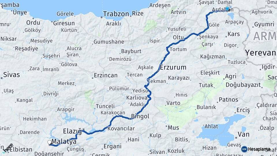 Ardahan Çıldır Malatya Arası Kaç Km - Yol Haritası