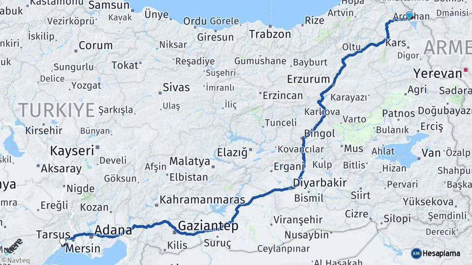 Ardahan Çıldır Mersin Arası Kaç Km - Yol Haritası