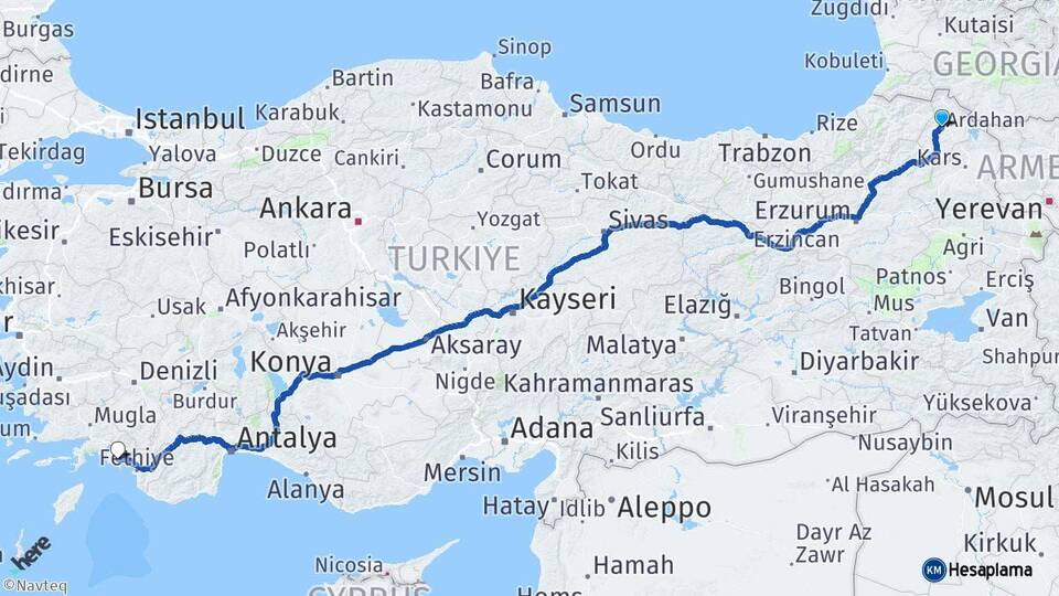 Ardahan Dalaman Muğla Arası Kaç Km - Yol Haritası