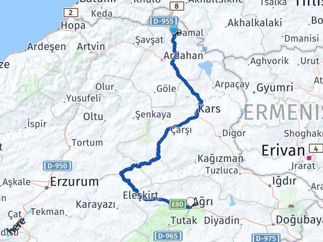 Ardahan Damal Ağrı Arası Kaç Km - Yol Haritası