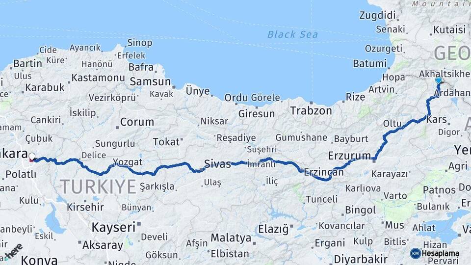 Ardahan Damal Ankara Arası Kaç Km - Yol Haritası
