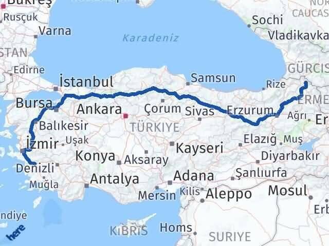 Ardahan Damal Aydın Arası Kaç Km - Yol Haritası