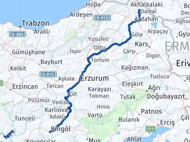 Ardahan Damal Bingöl Arası Kaç Km - Yol Haritası