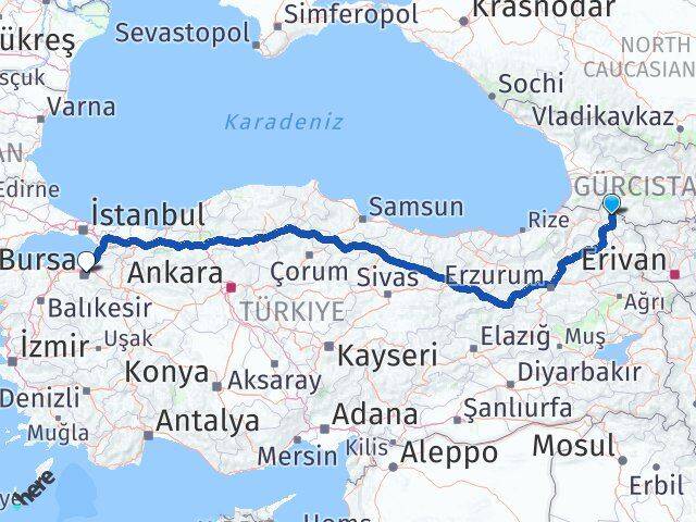Ardahan Damal Bursa Arası Kaç Km - Yol Haritası