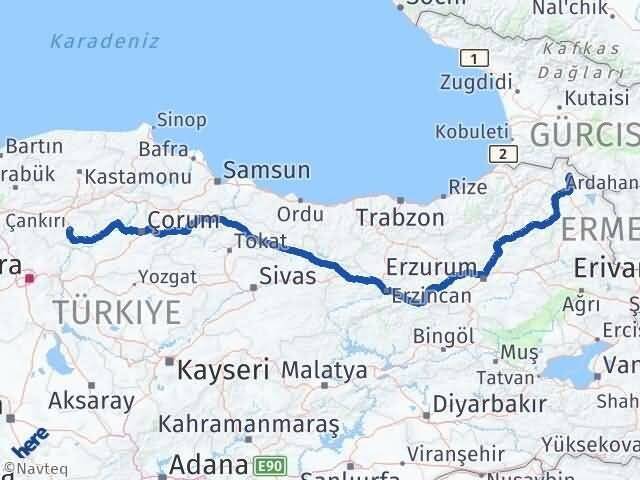 Ardahan Damal Çankırı Arası Kaç Km - Yol Haritası