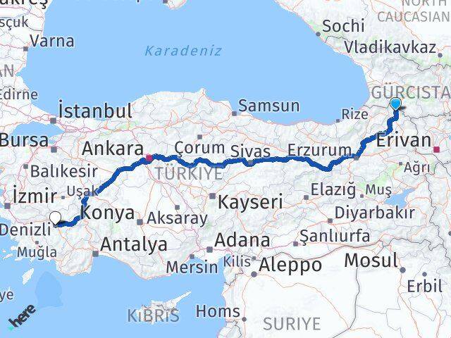 Ardahan Damal Denizli Arası Kaç Km - Yol Haritası