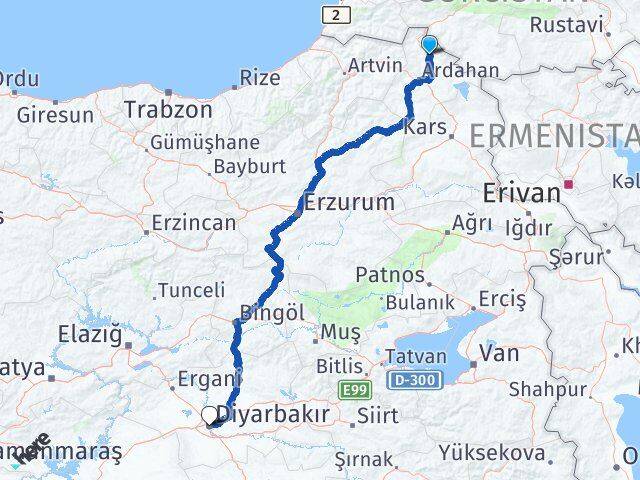 Ardahan Damal Diyarbakır Arası Kaç Km - Yol Haritası