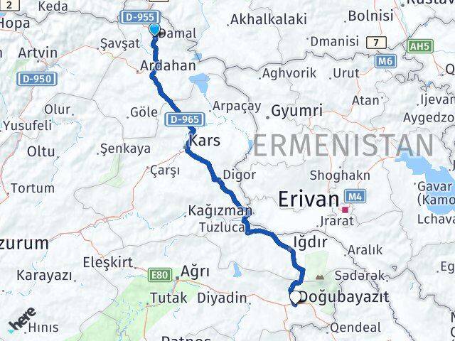 Ardahan Damal Doğubayazıt Ağrı Arası Kaç Km - Yol Haritası