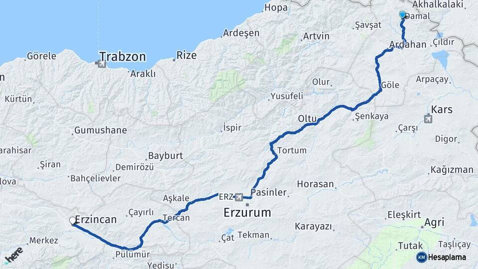 Ardahan Damal Erzincan Arası Kaç Km - Yol Haritası