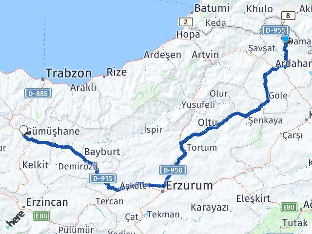 Ardahan Damal Gümüşhane Arası Kaç Km - Yol Haritası