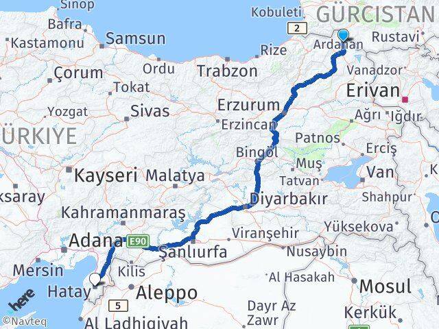 Ardahan Damal Hatay Arası Kaç Km - Yol Haritası