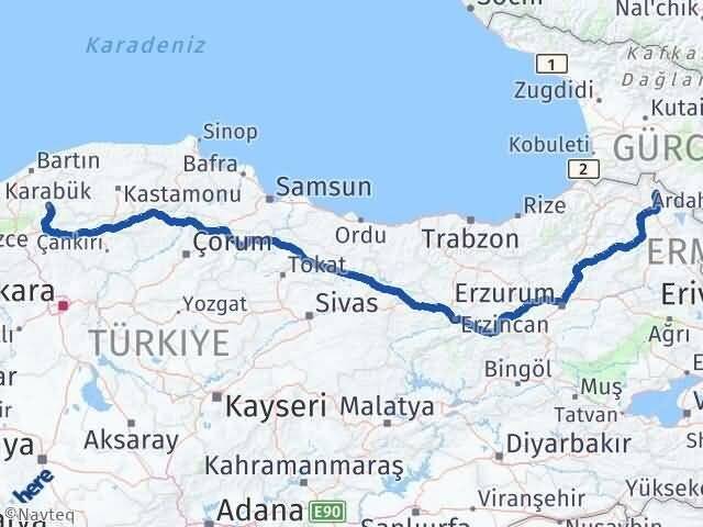 Ardahan Damal Karabük Arası Kaç Km - Yol Haritası