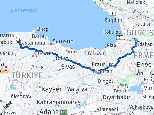 Ardahan Damal Kastamonu Arası Kaç Km - Yol Haritası