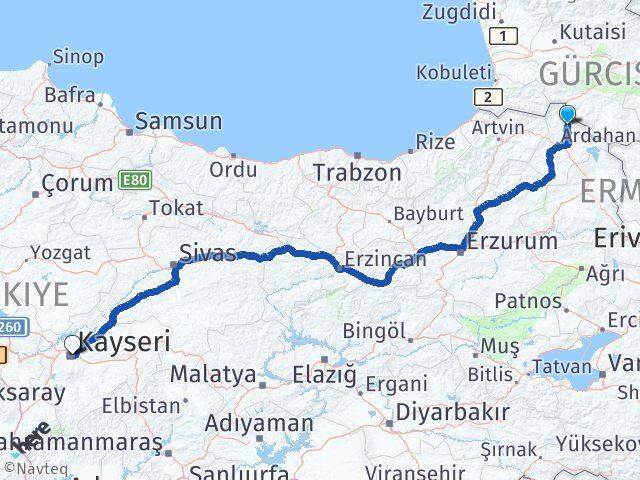 Ardahan Damal Kayseri Arası Kaç Km - Yol Haritası