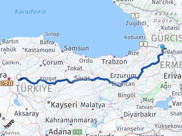Ardahan Damal Kırıkkale Arası Kaç Km - Yol Haritası