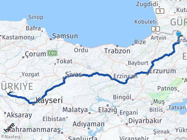 Ardahan Damal Kırşehir Arası Kaç Km - Yol Haritası