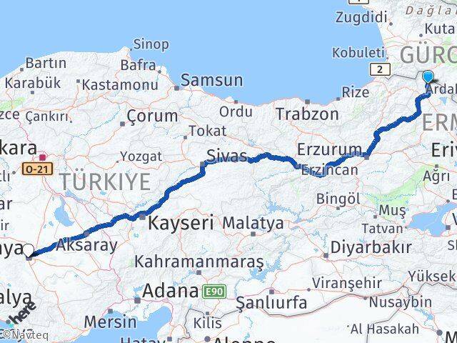 Ardahan Damal Konya Arası Kaç Km - Yol Haritası