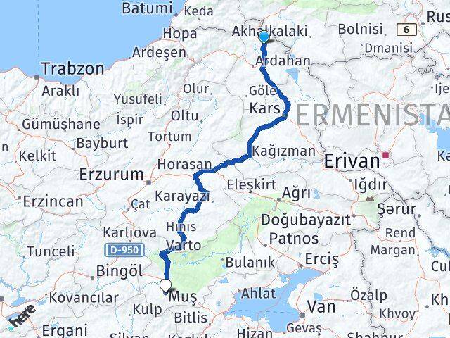 Ardahan Damal Muş Arası Kaç Km - Yol Haritası
