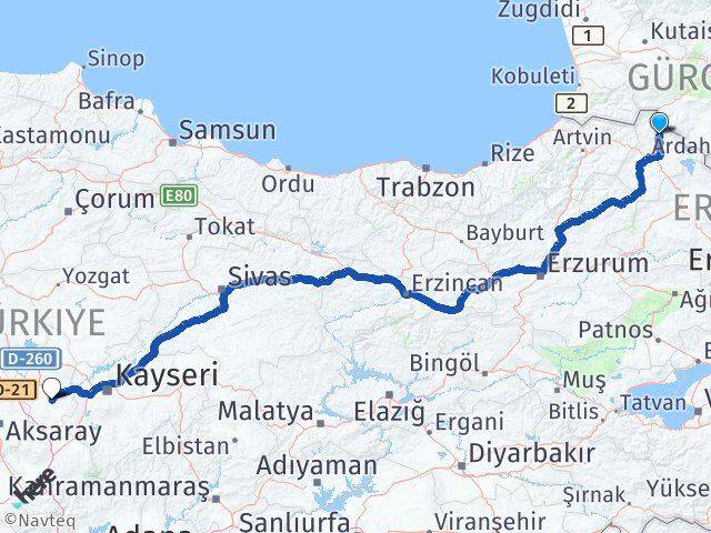 Ardahan Damal Nevşehir Arası Kaç Km - Yol Haritası