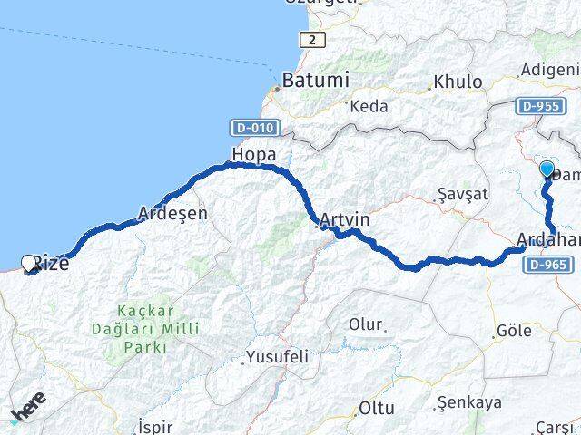 Ardahan Damal Rize Arası Kaç Km - Yol Haritası