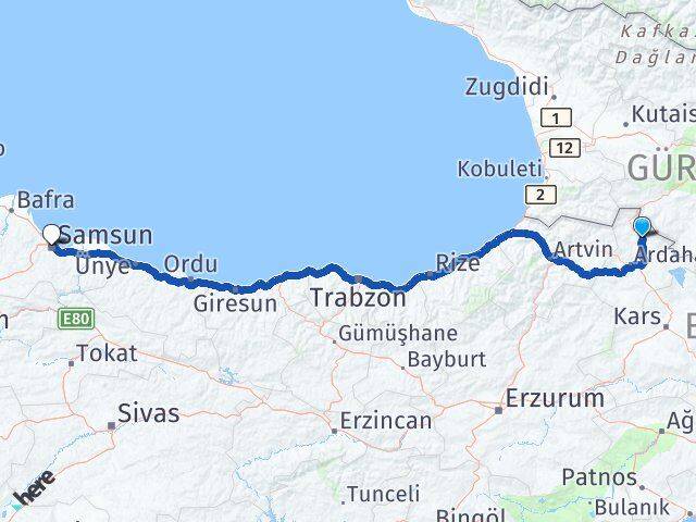 Ardahan Damal Samsun Arası Kaç Km - Yol Haritası