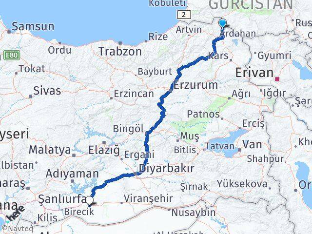 Ardahan Damal Şanlıurfa Arası Kaç Km - Yol Haritası