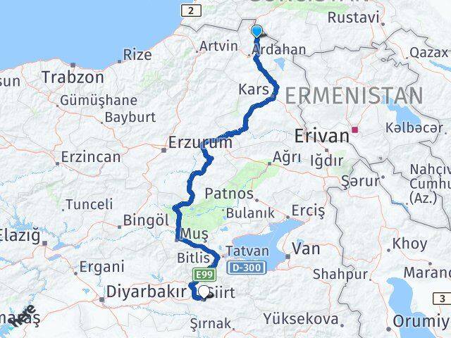 Ardahan Damal Siirt Arası Kaç Km - Yol Haritası