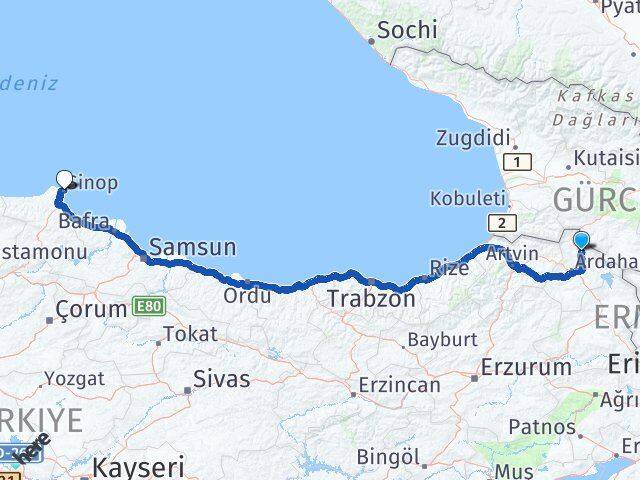 Ardahan Damal Sinop Arası Kaç Km - Yol Haritası