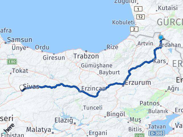 Ardahan Damal Sivas Arası Kaç Km - Yol Haritası