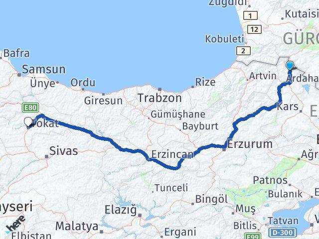 Ardahan Damal Tokat Arası Kaç Km - Yol Haritası