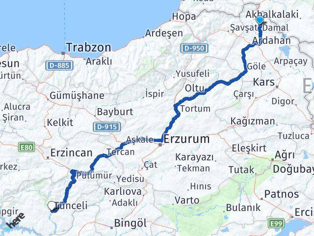 Ardahan Damal Tunceli Arası Kaç Km - Yol Haritası