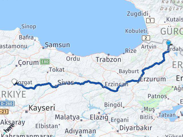 Ardahan Damal Yozgat Arası Kaç Km - Yol Haritası