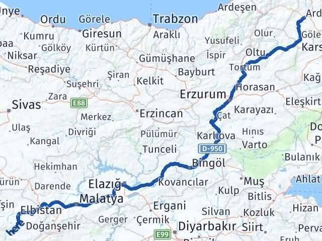 Ardahan Ekinözü Kahramanmaraş Arası Kaç Km - Yol Haritası
