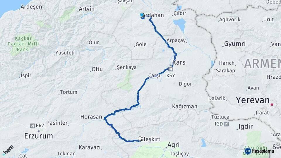 Ardahan Eleşkirt Ağrı Arası Kaç Km - Yol Haritası