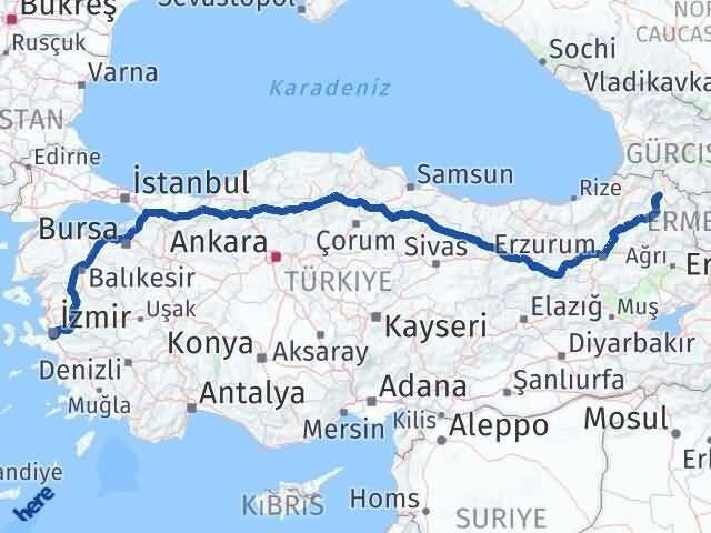 Ardahan Gaziemir İzmir Arası Kaç Km - Yol Haritası