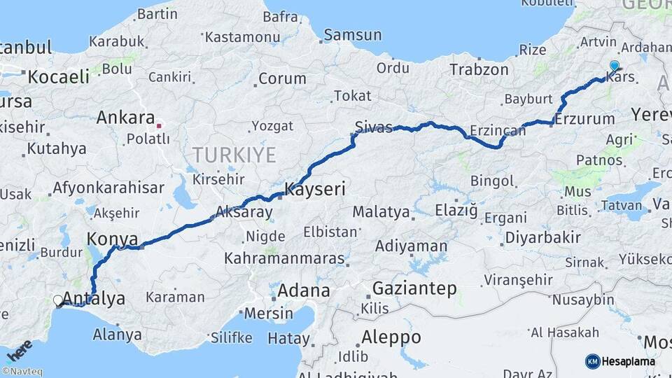Ardahan Göle Antalya Arası Kaç Km - Yol Haritası