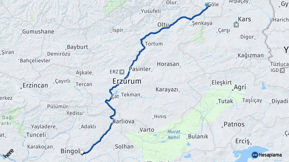 Ardahan Göle Bingöl Arası Kaç Km - Yol Haritası