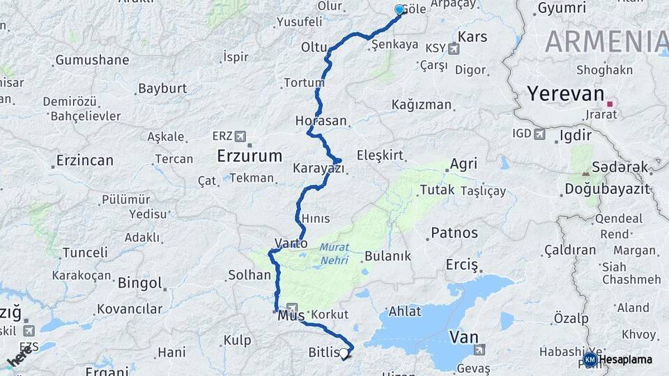 Ardahan Göle Bitlis Arası Kaç Km - Yol Haritası