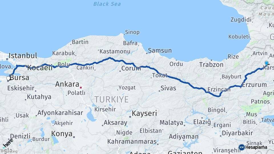 Ardahan Göle Bursa Arası Kaç Km - Yol Haritası