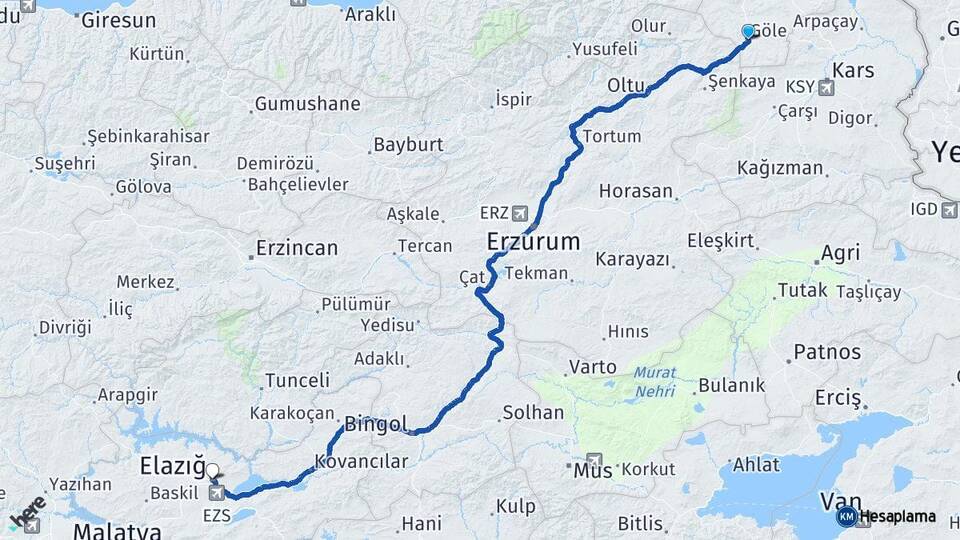 Ardahan Göle Elazığ Arası Kaç Km - Yol Haritası