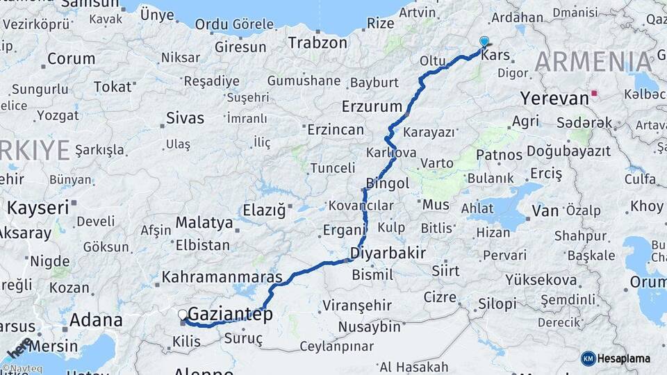 Ardahan Göle Gaziantep Arası Kaç Km - Yol Haritası
