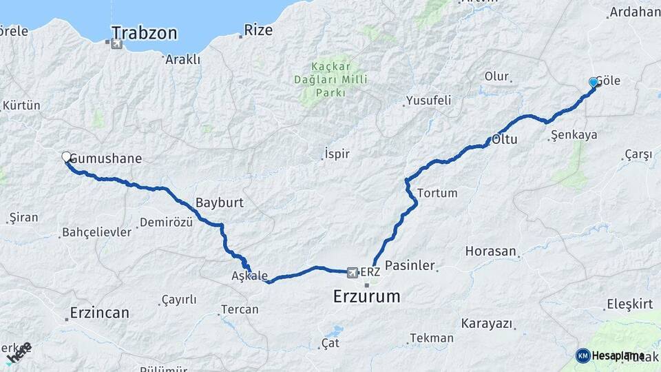 Ardahan Göle Gümüşhane Arası Kaç Km - Yol Haritası