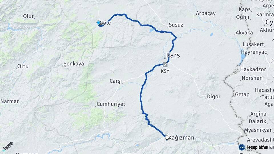 Ardahan Göle Kağızman Kars Arası Kaç Km - Yol Haritası