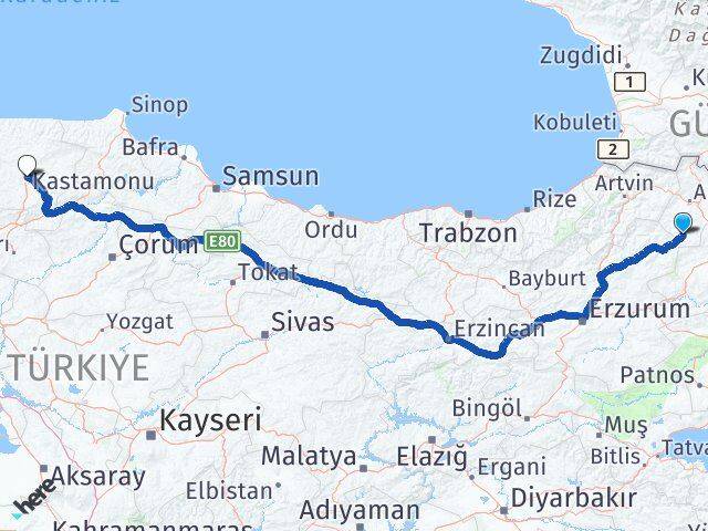 Ardahan Göle Kastamonu Arası Kaç Km - Yol Haritası