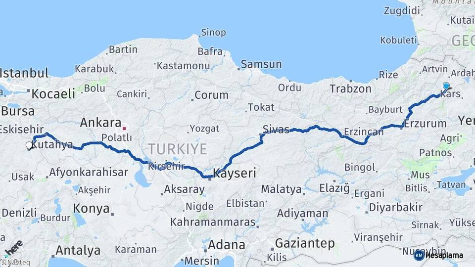 Ardahan Göle Kütahya Arası Kaç Km - Yol Haritası