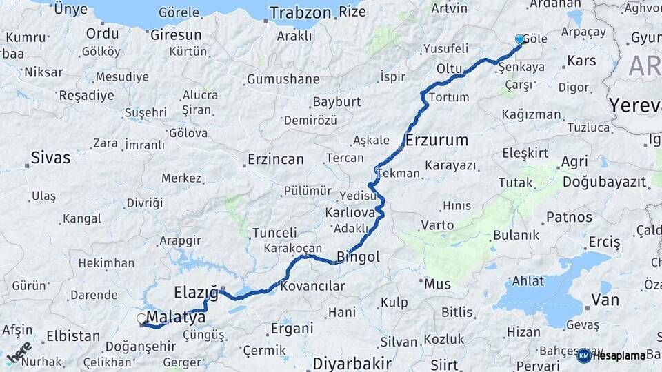 Ardahan Göle Malatya Arası Kaç Km - Yol Haritası