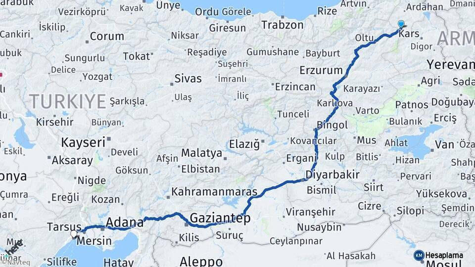 Ardahan Göle Mersin Arası Kaç Km - Yol Haritası