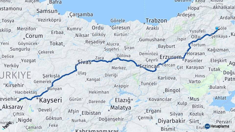Ardahan Göle Nevşehir Arası Kaç Km - Yol Haritası