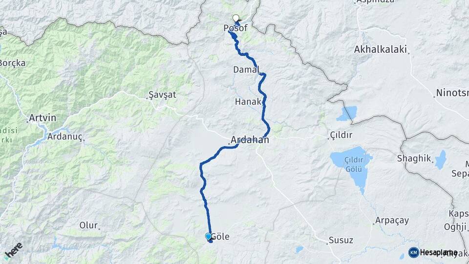 Ardahan Göle Posof Arası Kaç Km - Yol Haritası