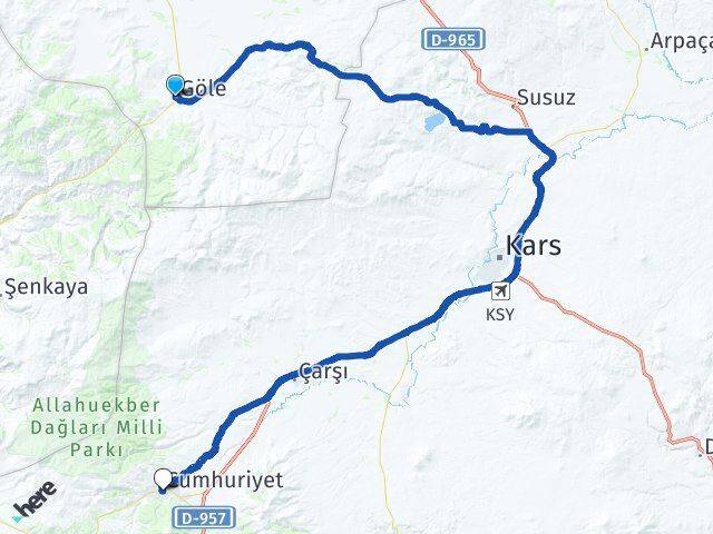 Ardahan Göle Sarıkamış Kars Arası Kaç Km - Yol Haritası